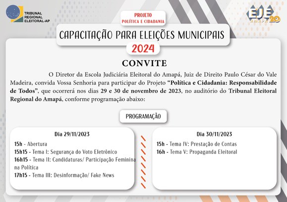 Capacitação para pretensos candidatos ao pleito 2024 chega a capital As palestras do Projeto Política e Cidadania são gratuitas e abertas ao público