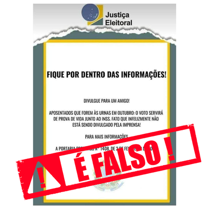 É falso que o voto nas eleições de 2024 valerá como prova de vida para aposentados É falso que o voto nas eleições de 2024 valerá como prova de vida para aposentados