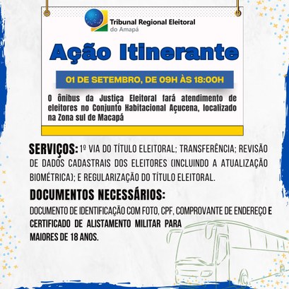 Moradores da zona sul de Macapá serão atendidos em ação itinerante Alistamento eleitoral, coleta de biometria, revisão de dados cadastrais, transferência e regular...