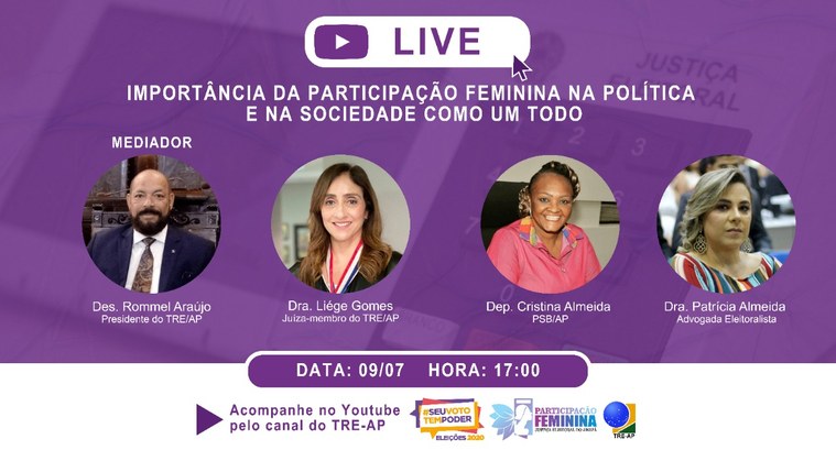 Participação feminina na política é tema de Live
A Justiça Eleitoral do Amapá promove evento inédito que visa levar à reflexão da sociedade ace...