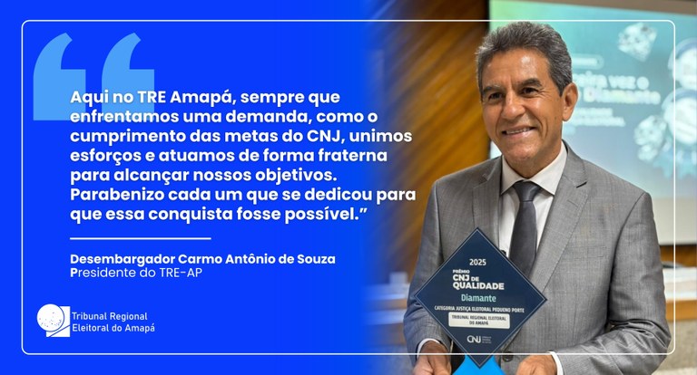 Presidente do TRE Amapá apresenta Prêmio Diamante do CNJ e agradece servidores pela terceira conquista consecutiva Presidente do TRE Amapá apresenta Prêmio Diamante do CNJ e agradece servidores pela terceira con...
