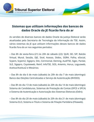 Sistemas que utilizam informações dos bancos de dados Oracle da JE ficarão fora do ar