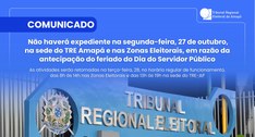 TRE Amapá suspende expediente no dia 27 de outubro, segunda-feira