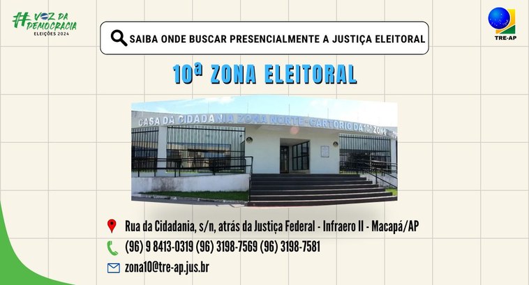 Você é eleitor da zona norte de Macapá ou morador de Cutias ou Itaubal? Procure o cartório da 10ª Zona Eleitoral e se regularize para as Eleições 2024 O cartório está localizado na Rua da Cidadania, atrás da Justiça Federal, bairro Infraero II, zo...