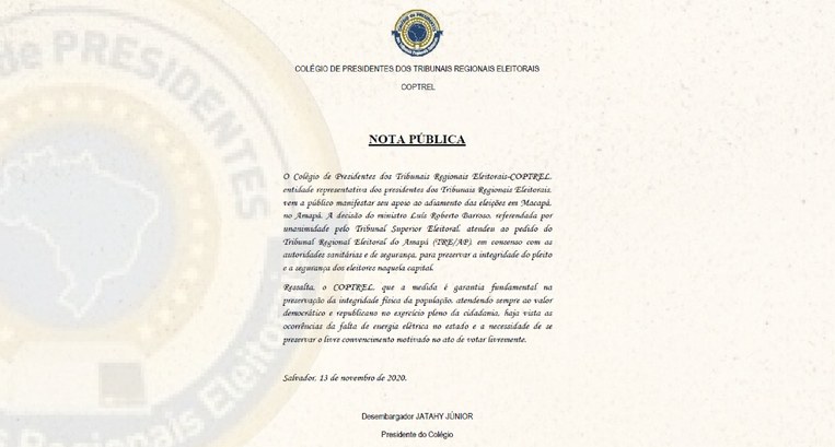 Em nota, o Colégio de Presidentes dos Tribunais Regionais Eleitorais afirma que “a medida é gara...