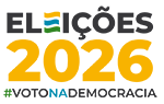 Logo com o texto:  eleições 2026 #voto na democracia. Nas cores verde, azul amarelo e cinza escuro.